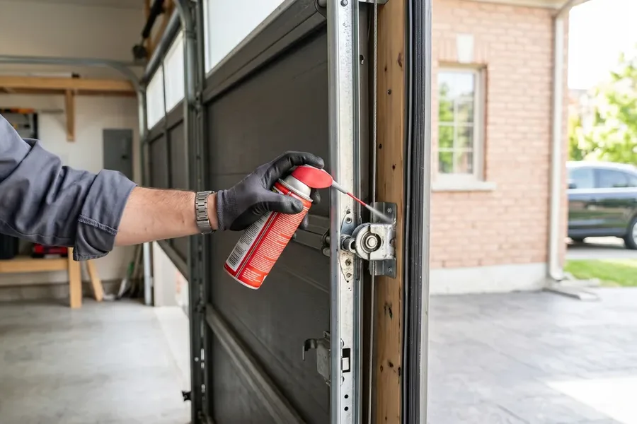 Lubricant being applied to a garage door hinge during a tune-up