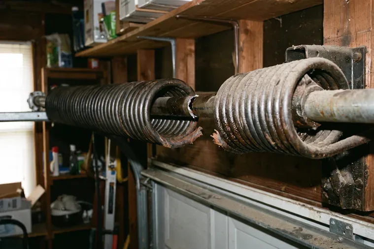 Pair of aging torsion springs mounted above a garage door
